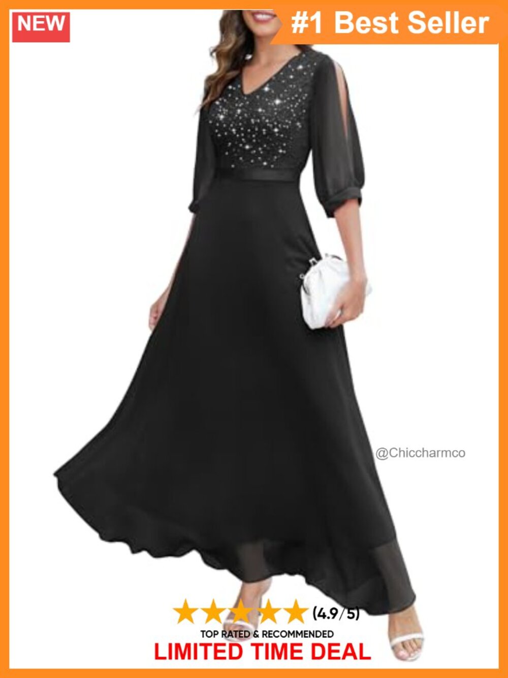 Sequin Glitter Formal Maxi Evening Dress Split Sleeves